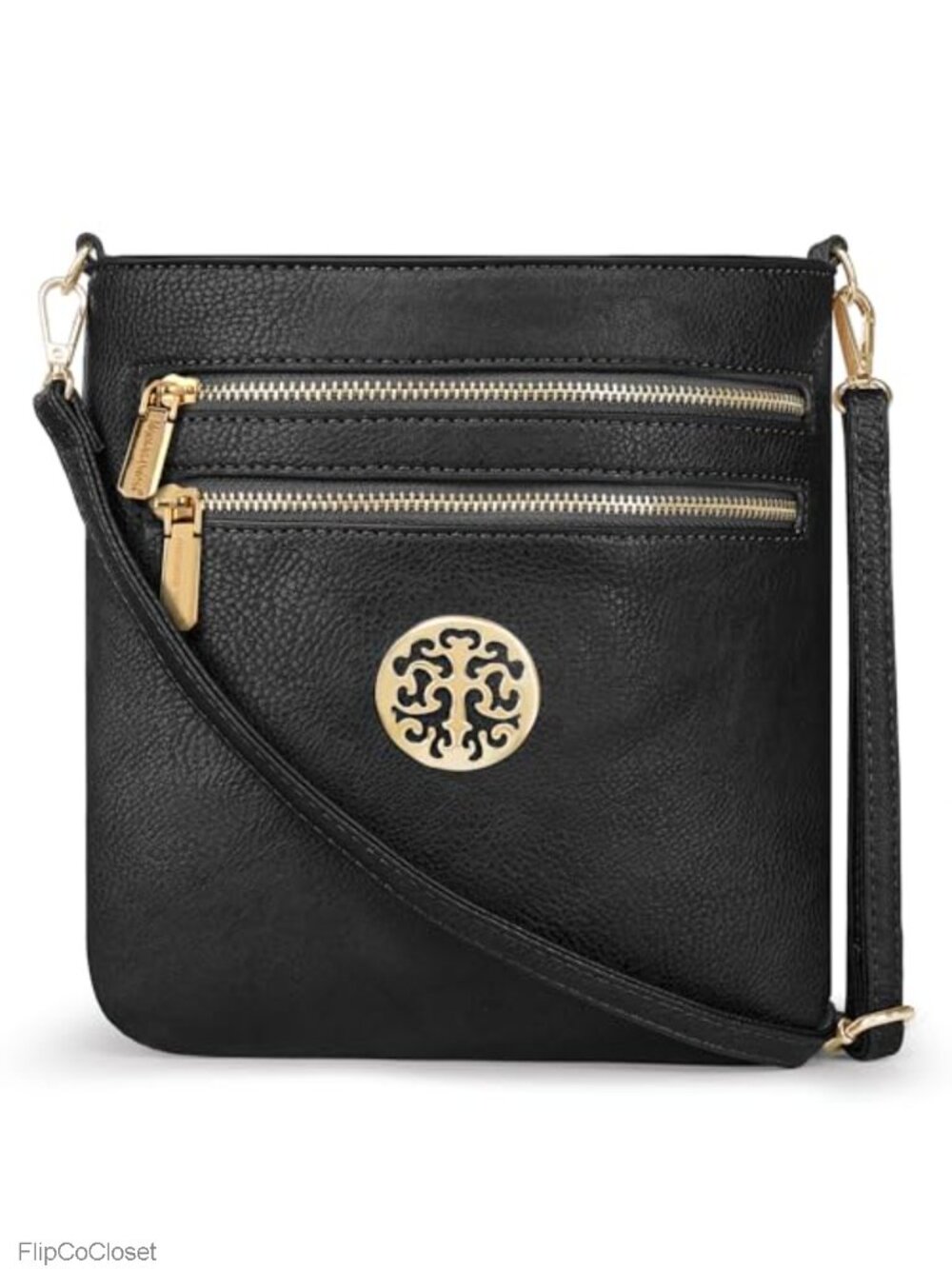 Vegan Leather Crossbody Bag Medium Multi Zip Purse Adjustable Strap
